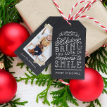 Chalkboard Lettering Holiday Photo Gift Tags<br><div class="desc">Custom printed holiday gift tags personalized with your photos and text. This fun two-sided design features cute hand-lettered style typography on a faux chalkboard background and gold striped washi tape around your photo. The text reads "Hope the holidays bring you lots of reasons to smile". Personalize it with your photo,...</div>