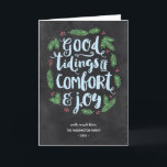 Chalkboard Lettering | Non-Photo Folded Holiday Card<br><div class="desc">This festive,  no-photo holiday card invitation features a beautiful hand-lettered typography design that reads "Good tidings of comfort and joy" in brush script calligraphy. Green pine branches and red berries surround the frosted,  light blue lettering. The design includes a chalkboard background.</div>