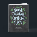 Chalkboard Lettering | Non-Photo Folded Holiday Card<br><div class="desc">This festive,  no-photo holiday card invitation features a beautiful hand-lettered typography design that reads "Good tidings of comfort and joy" in brush script calligraphy. Green pine branches and red berries surround the frosted,  light blue lettering. The design includes a chalkboard background.</div>