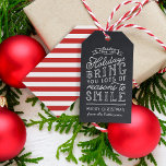 Chalkboard Lettering Red Stripes Holiday Gift Tags<br><div class="desc">Custom printed personalized holiday gift tags. This fun design features cute hand-lettered style typography on a faux chalkboard background with red striped back. The text reads "Hope the holidays bring you lots of reasons to smile". Personalize it with your name or other custom text. Use the design tools to edit...</div>