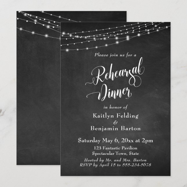 Chalkboard Light Strings Wedding Rehearsal Dinner Invitation (Front/Back)