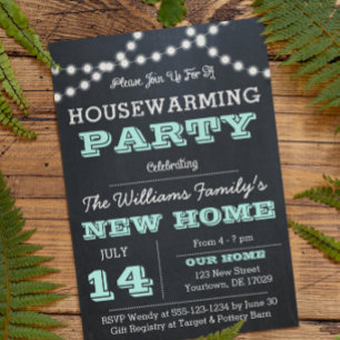 Chalkboard Lights Aqua Housewarming Invitations