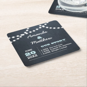 Chalkboard Lights Aqua Personalized Wedding Square Paper Coaster