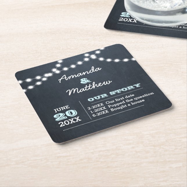 Chalkboard Lights Aqua Personalized Wedding Square Paper Coaster (Angled)