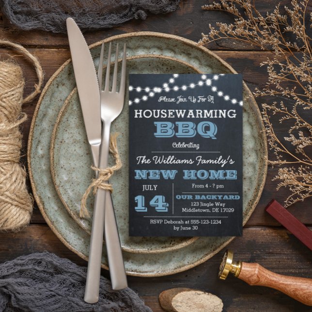 Chalkboard Lights Blue Housewarming Invitations (Creator Uploaded)