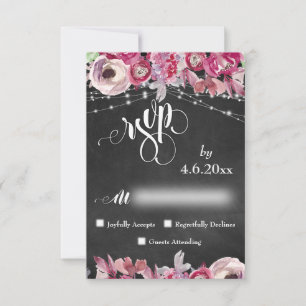 Chalkboard, Lights, Calligraphy Pink Flowers RSVP Card