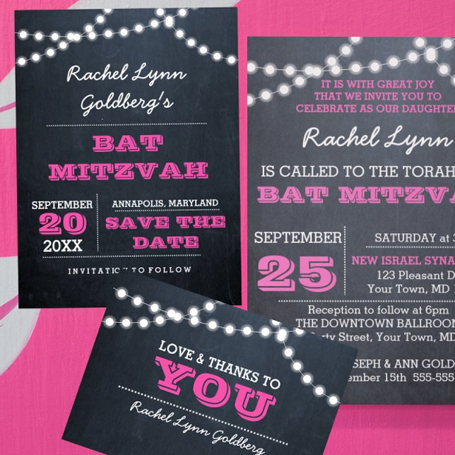 Chalkboard Lights Dark Pink Bat Mitzvah Thank You (Creator Uploaded)