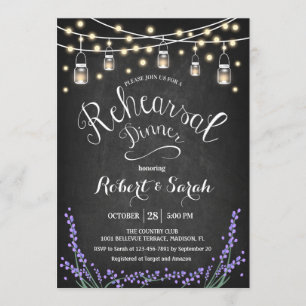 Chalkboard Lights Lavender Rehearsal Dinner Invitation