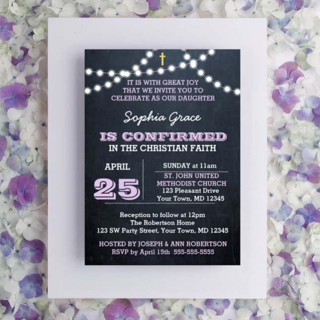 Chalkboard Lights Lilac Confirmation Invitation (Creator Uploaded)
