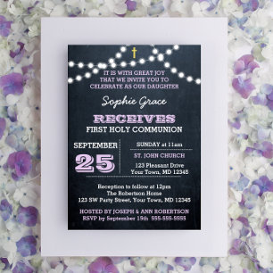 Chalkboard Lights Lilac First Holy Communion Invitation