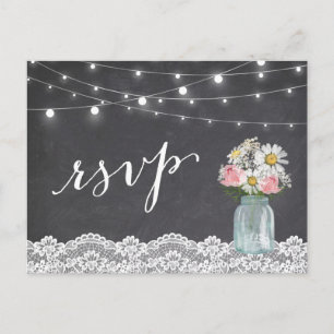 Chalkboard Lights Mason Jar Floral Wedding RSVP Invitation Postcard