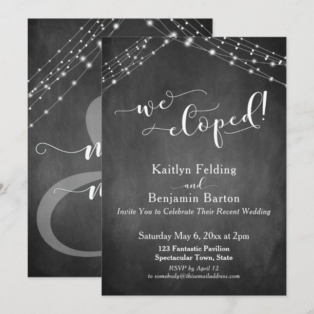 Chalkboard Lights Modern Calligraphy We Eloped Invitation (Front/Back)