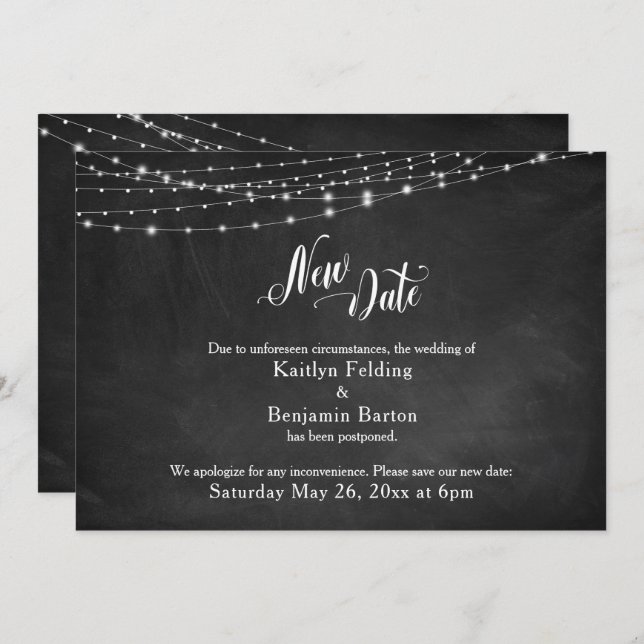 Chalkboard & Lights Postponed Wedding "New Date" Invitation (Front/Back)