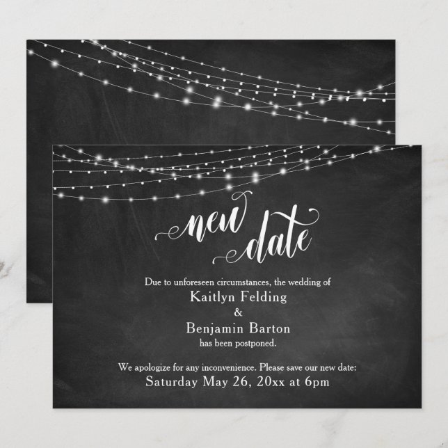 Chalkboard & Lights Postponed Wedding "New Date" Invitation (Front/Back)