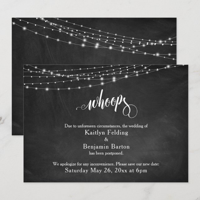 Chalkboard & Lights Postponed Wedding "Whoops" Invitation (Front/Back)