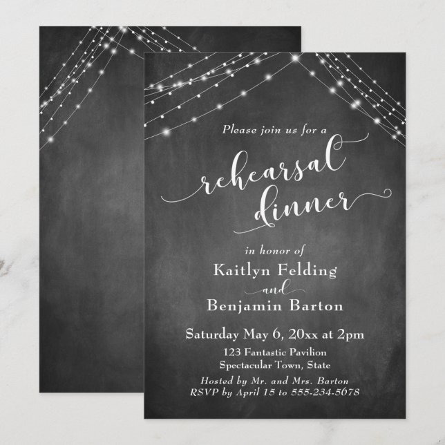 Chalkboard Lights Script Wedding Rehearsal Dinner Invitation (Front/Back)