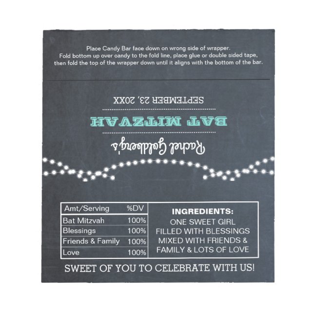 Chalkboard Lights Teal Bat Mitzvah Candy Wrappers Notepad (Front)