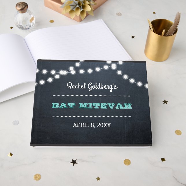 Chalkboard Lights Teal Bat Mitzvah Guest Book (Front Open)