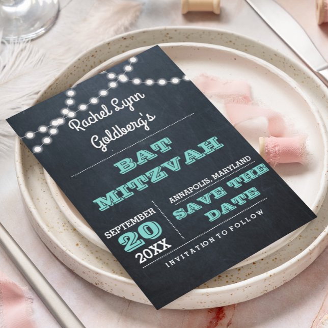 Chalkboard Lights Teal Bat Mitzvah Save the Date (Creator Uploaded)