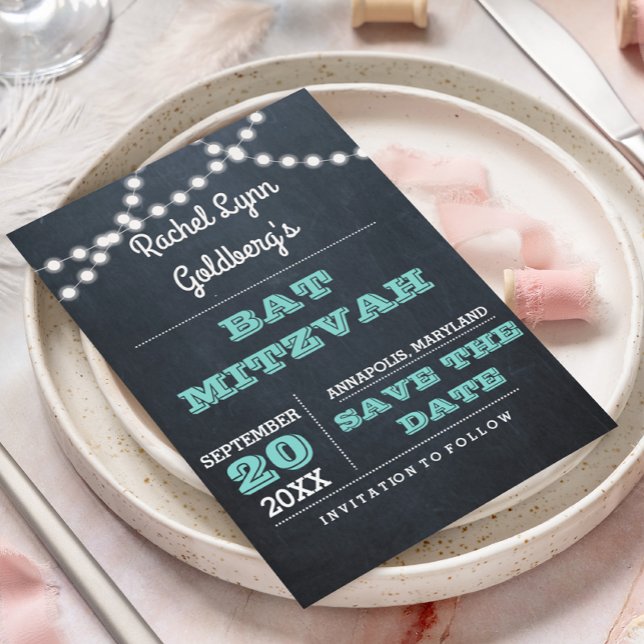 Chalkboard Lights Teal Bat Mitzvah Save the Date Announcement Postcard (Creator Uploaded)
