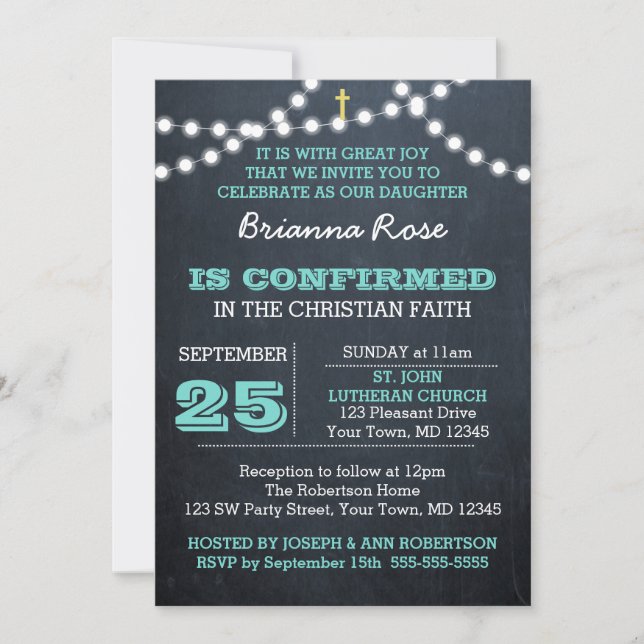 Chalkboard Lights Teal Confirmation Invitation (Front)
