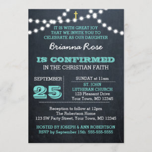 Chalkboard Lights Teal Confirmation Invitation
