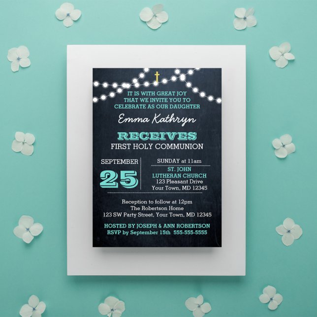 Chalkboard Lights Teal First Communion Invitation (Creator Uploaded)