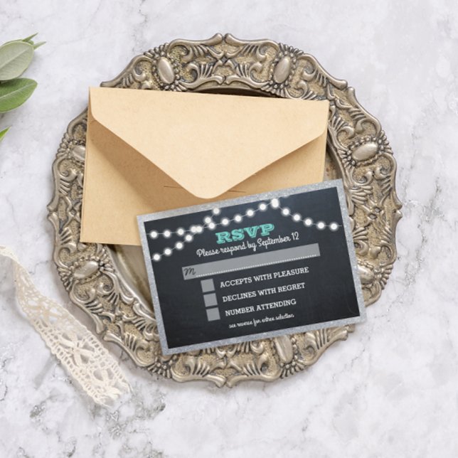 Chalkboard Lights Teal Silver Border Entree RSVP Card (Creator Uploaded)