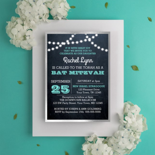 Chalkboard Lights Teal Silver Texture Bat Mitzvah Invitation (Creator Uploaded)