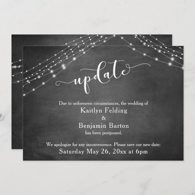 Chalkboard Lights Update Script Postponed Wedding Invitation (Front/Back)