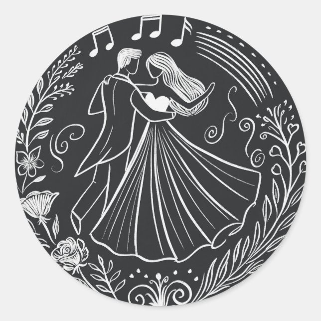 Chalkboard Line Art Dancing Bride Groom Wedding Classic Round Sticker (Front)