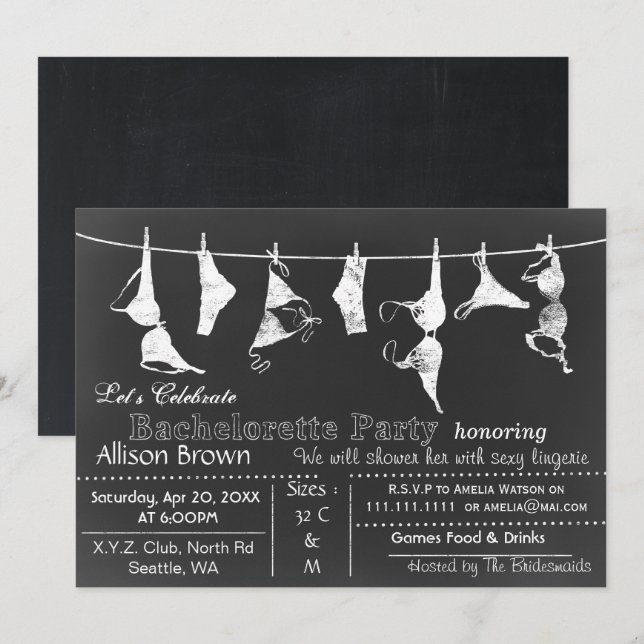 Chalkboard Lingerie Douche Bachelorette Invitation (Devant / Derrière)