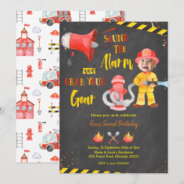 Chalkboard Little Firefighter with photo Invitation (Front/Back)