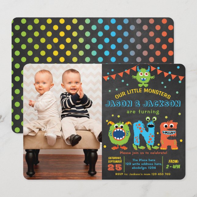 Chalkboard little monster twins 1st birthday party invitation (Front/Back)