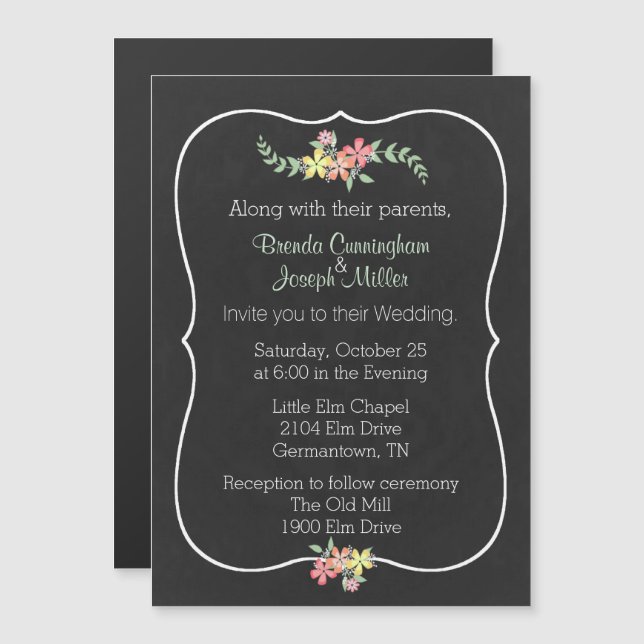 Chalkboard Look Floral Wedding Invitation Magnet (Front/Back)