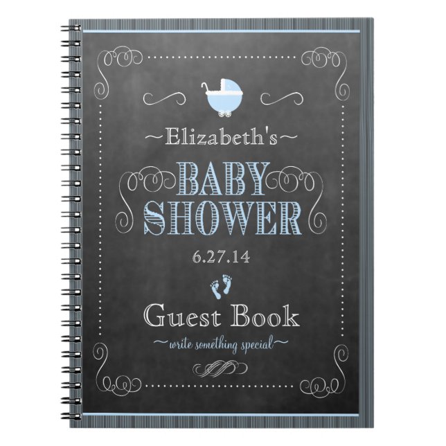 Chalkboard Look In Blue Baby Shower Guest Book- Notebook (Front)