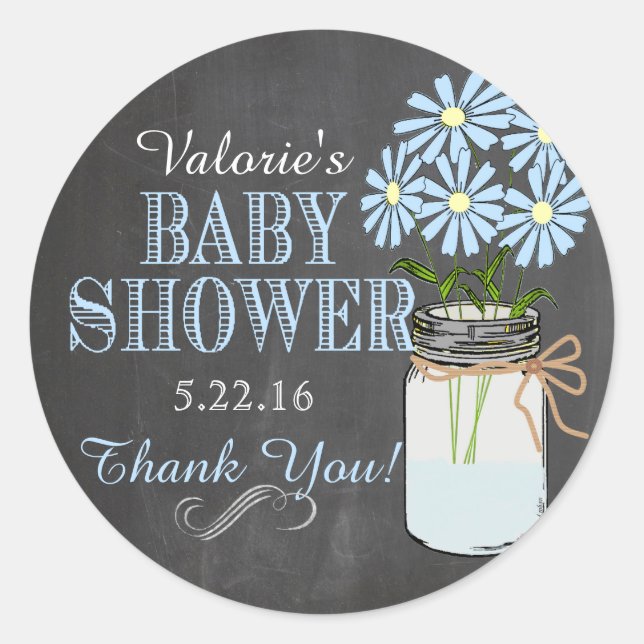 Chalkboard Look Mason Jar Blue Flowers Baby Shower Classic Round Sticker (Front)