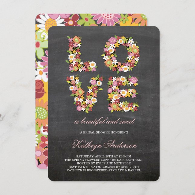 Chalkboard LOVE Flowers Bloom Bridal Shower Invite (Front/Back)