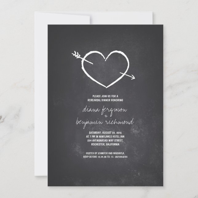 Chalkboard love heart rustic rehearsal dinner invitation (Front)