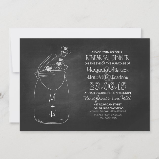 chalkboard love hearts mason jar rehearsal dinner invitation (Front)