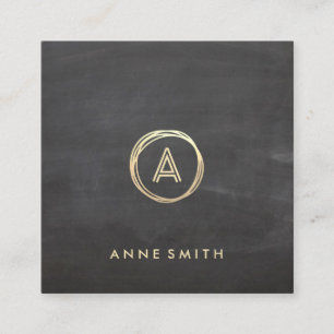 Chalkboard Luxe Gold Circle Modern Monogram Square Business Card