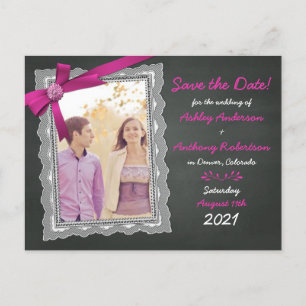 Chalkboard Magenta Bow Photo Wedding Save the Date Announcement Postcard