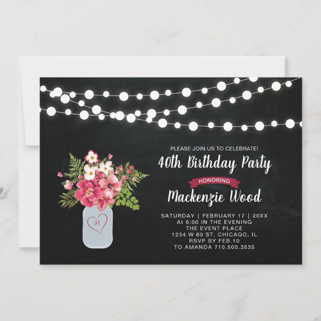 Chalkboard, Mason Jar 40e Anniversaire Invitation (Devant)