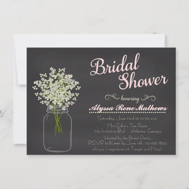 Chalkboard Mason Jar Baby's Breath Invitation PINK (Front)
