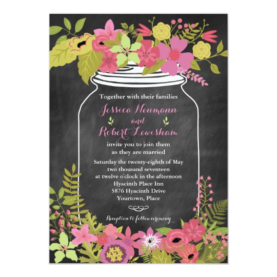 Chalkboard Mason Jar Coral Pink Floral Wedding Card
