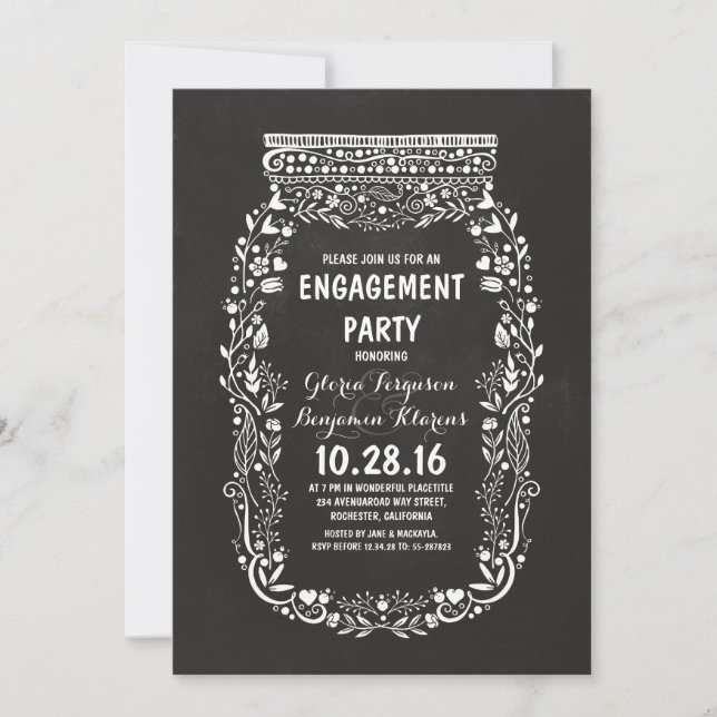 Chalkboard mason jar rustic engagement party invitation (Front)