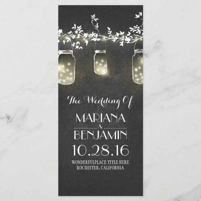 chalkboard mason jar string lights wedding program (Front)