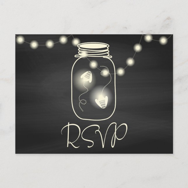 Chalkboard Mason Jar with Fireflies Wedding RSVP Invitation Postcard (Front)