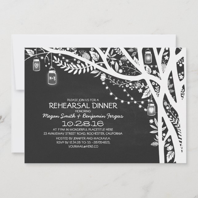 Chalkboard mason jars tree lights rehearsal dinner invitation (Front)