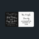 Chalkboard Merry Christmas and Happy New Year Label<br><div class="desc">Script Font Typography Chalkboard Merry Christmas and Happy New Year 2014 Holiday Address Labels. Elke Clarke© White modern,  script typography,  white flourishes,  swirls and vintage banners on a black chalkboard background printed photo effect. Wishing you a Merry Christmas and Happy New Year from our family to yours.</div>